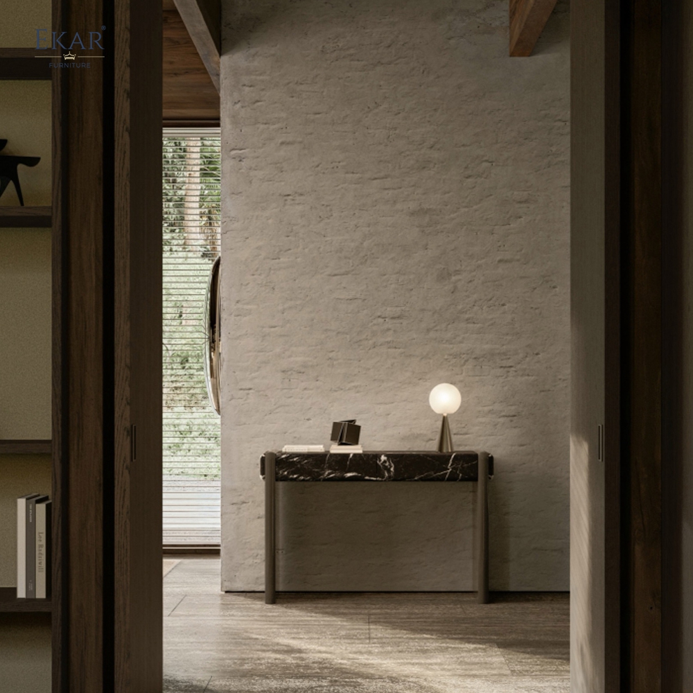 EKAR Modern Stone-Look Console Table with Black Panel Base VIDZCT