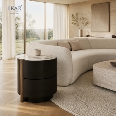 Duna Marble-Top Cylindrical Nightstand | Dark Walnut Round Bedside Table with Rose Gold Accent Leg