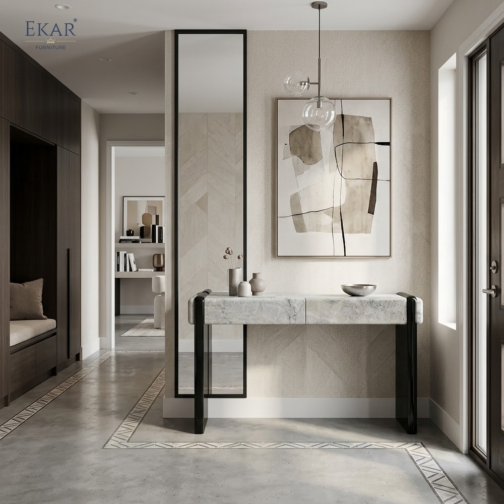 EKAR Modern Stone-Look Console Table with Black Panel Base VIDZCT
