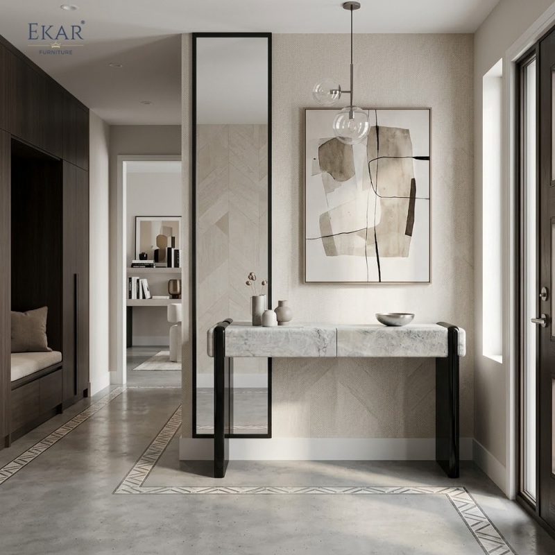 EKAR Modern Stone-Look Console Table with Black Panel Base VIDZCT