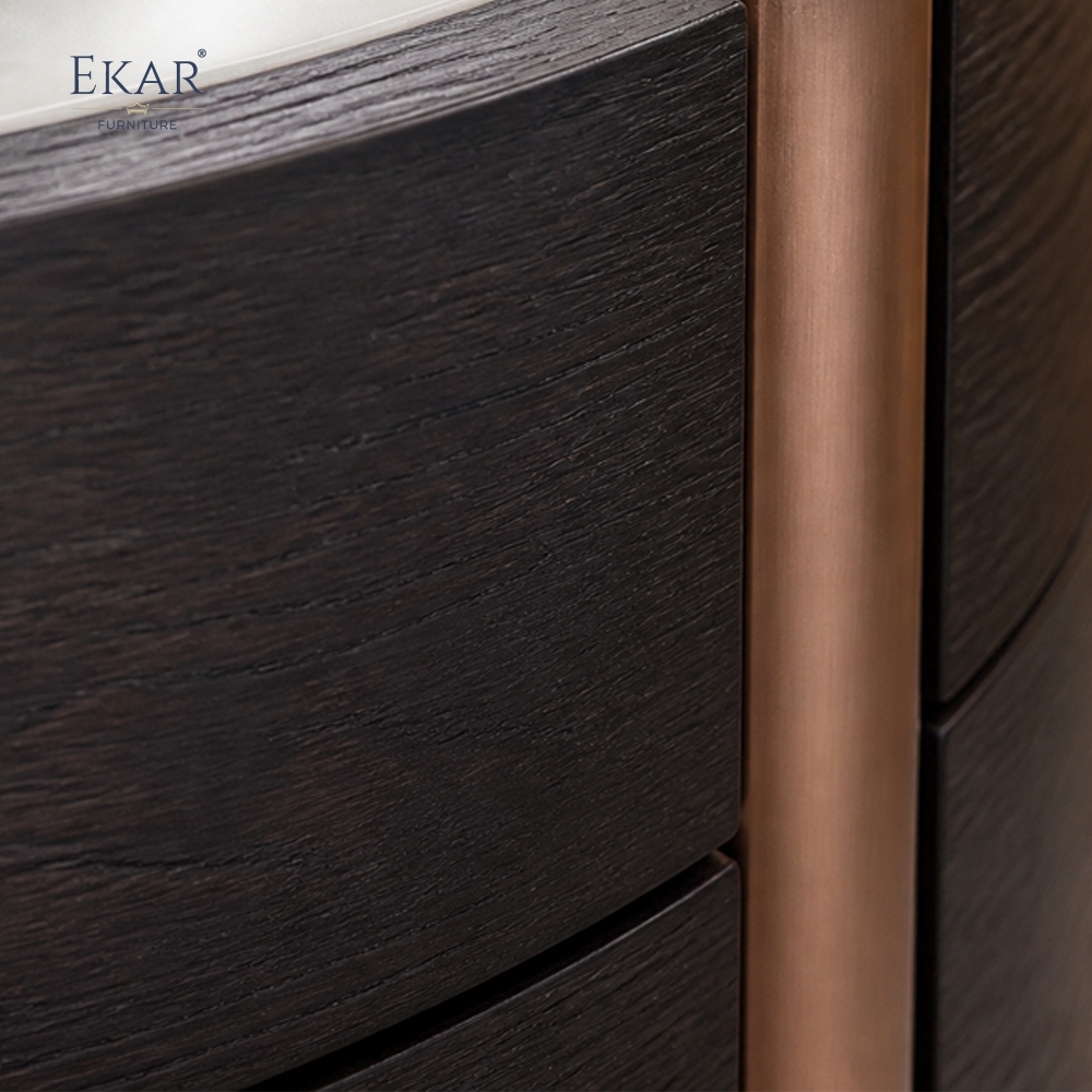Duna Marble-Top Cylindrical Nightstand | Dark Walnut Round Bedside Table with Rose Gold Accent Leg