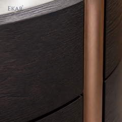 Duna Marble-Top Cylindrical Nightstand | Dark Walnut Round Bedside Table with Rose Gold Accent Leg