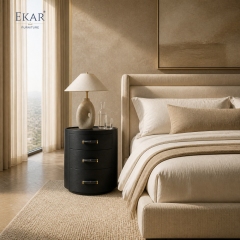 Duna Marble-Top Cylindrical Nightstand | Dark Walnut Round Bedside Table with Rose Gold Accent Leg