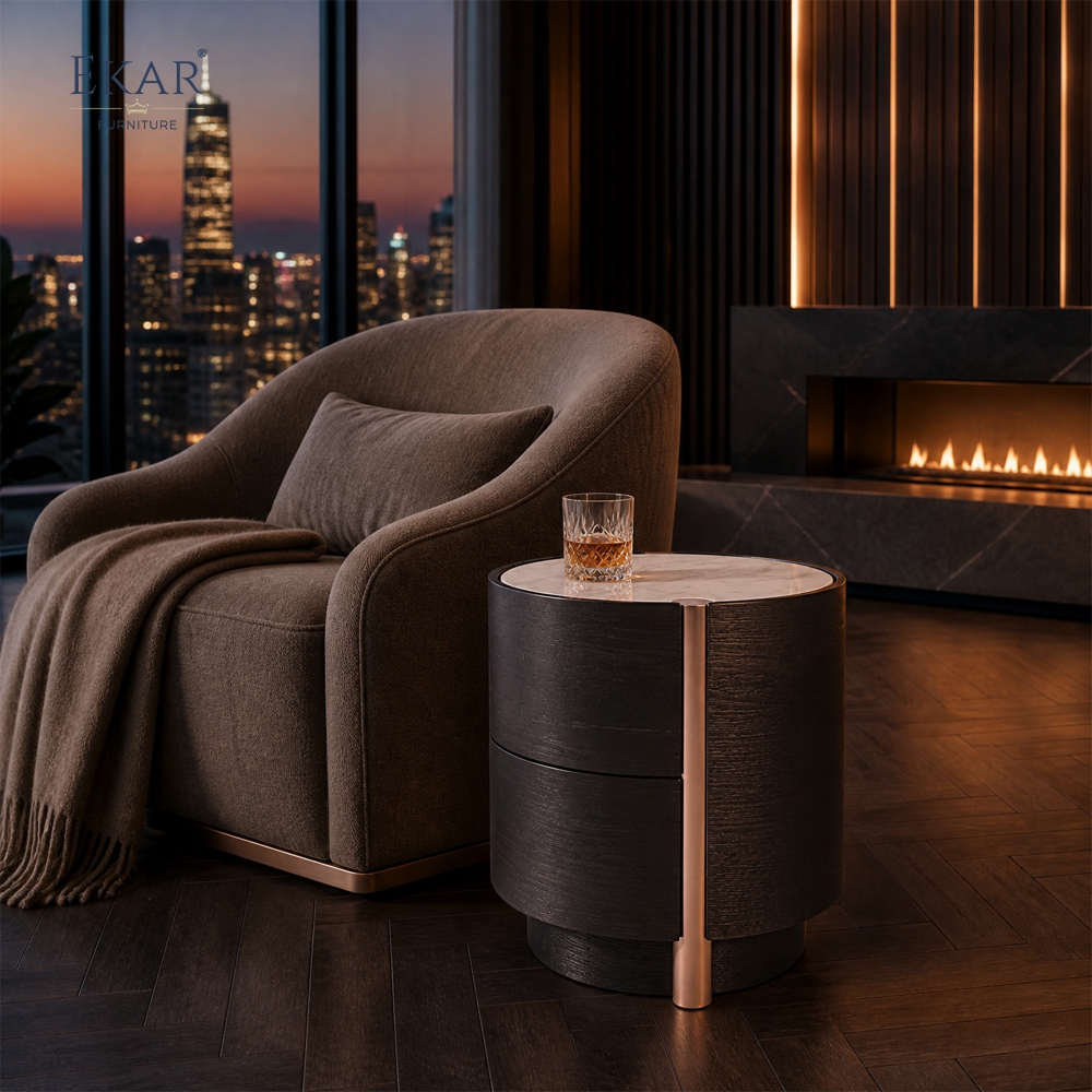 Duna Marble-Top Cylindrical Nightstand | Dark Walnut Round Bedside Table with Rose Gold Accent Leg