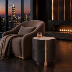 Duna Marble-Top Cylindrical Nightstand | Dark Walnut Round Bedside Table with Rose Gold Accent Leg