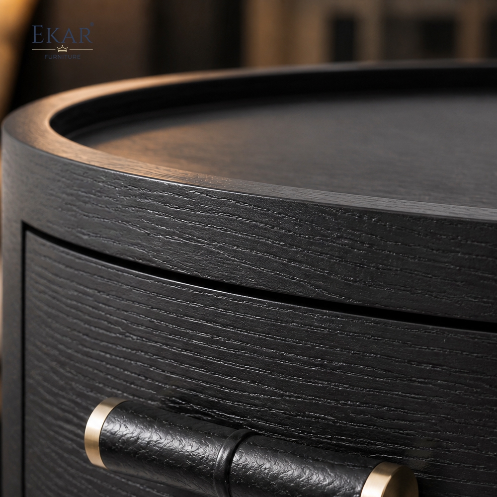 Duna Marble-Top Cylindrical Nightstand | Dark Walnut Round Bedside Table with Rose Gold Accent Leg