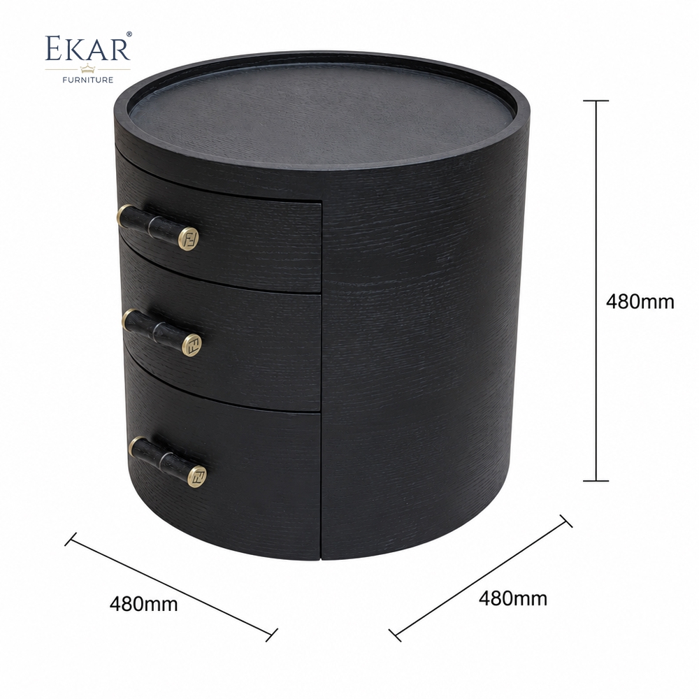 Duna Marble-Top Cylindrical Nightstand | Dark Walnut Round Bedside Table with Rose Gold Accent Leg