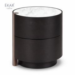 Duna Marble-Top Cylindrical Nightstand | Dark Walnut Round Bedside Table with Rose Gold Accent Leg