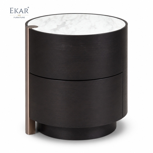 Duna Marble-Top Cylindrical Nightstand | Dark Walnut Round Bedside Table with Rose Gold Accent Leg