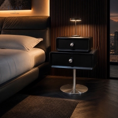 Pivot Pedestal Nightstand | Modern Black Floating-Style Bedside Table on Stainless Steel Disc Base - EKAR