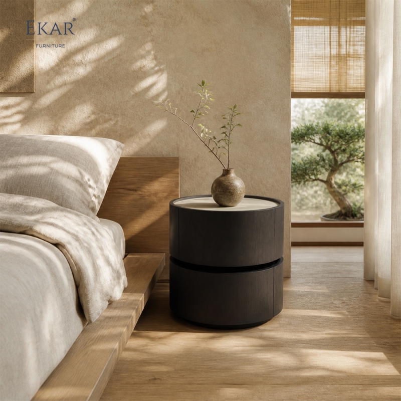 Borgo Two-Tier Cylindrical Nightstand | Round Walnut Drum Bedside Table with Cream Inset Top - EKAR