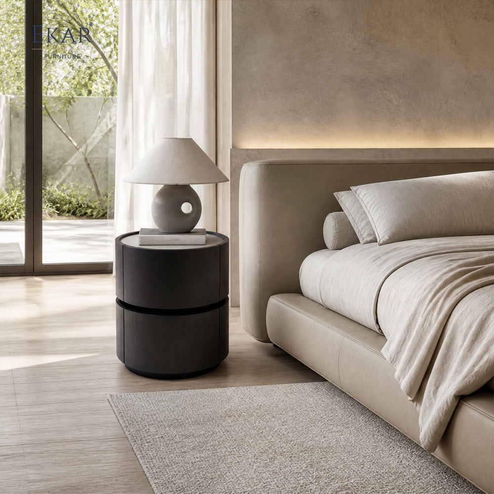 Borgo Two-Tier Cylindrical Nightstand | Round Walnut Drum Bedside Table with Cream Inset Top - EKAR