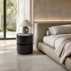 Borgo Two-Tier Cylindrical Nightstand | Round Walnut Drum Bedside Table with Cream Inset Top - EKAR