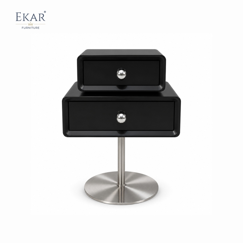 Pivot Pedestal Nightstand | Modern Black Floating-Style Bedside Table on Stainless Steel Disc Base - EKAR