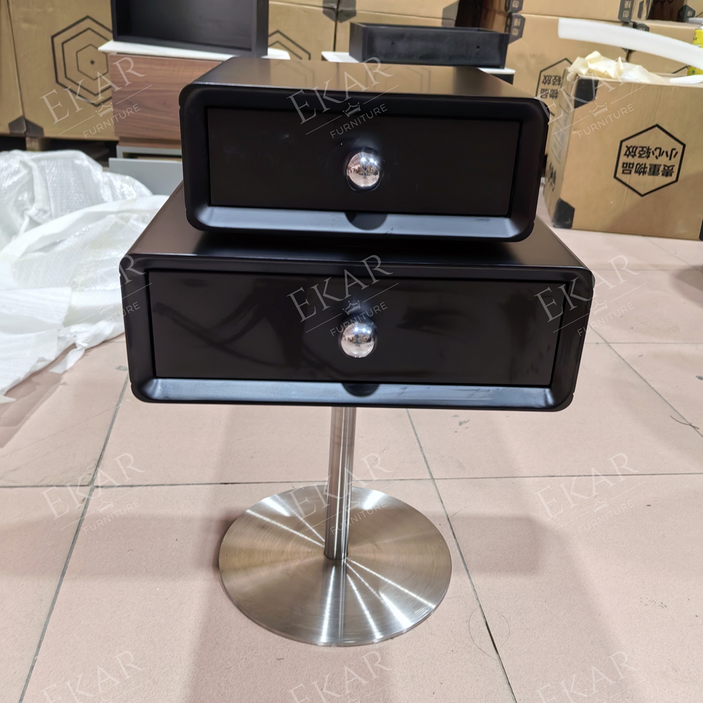 Pivot Pedestal Nightstand | Modern Black Floating-Style Bedside Table on Stainless Steel Disc Base - EKAR