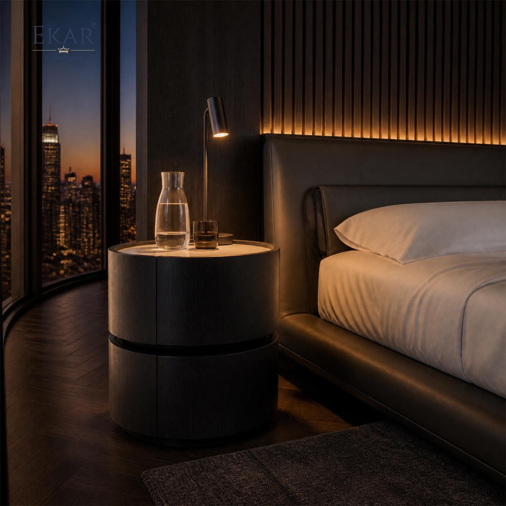 Borgo Two-Tier Cylindrical Nightstand | Round Walnut Drum Bedside Table with Cream Inset Top - EKAR