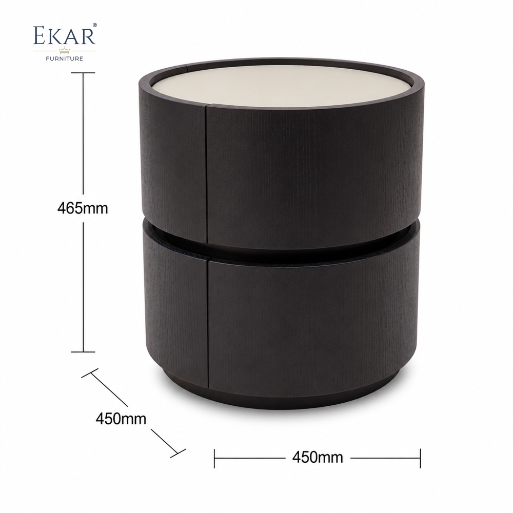 Borgo Two-Tier Cylindrical Nightstand | Round Walnut Drum Bedside Table with Cream Inset Top - EKAR