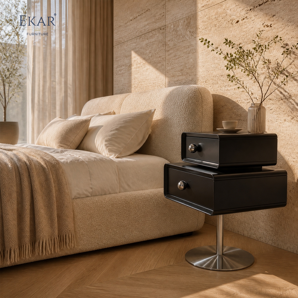 Pivot Pedestal Nightstand | Modern Black Floating-Style Bedside Table on Stainless Steel Disc Base - EKAR