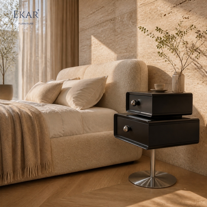 Pivot Pedestal Nightstand | Modern Black Floating-Style Bedside Table on Stainless Steel Disc Base - EKAR