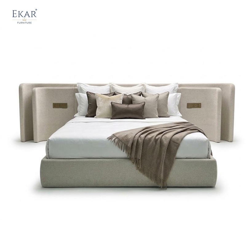 EKAR Modern Wide Upholstered Bed with Double-Layer Headboard and Integrated Control Panel