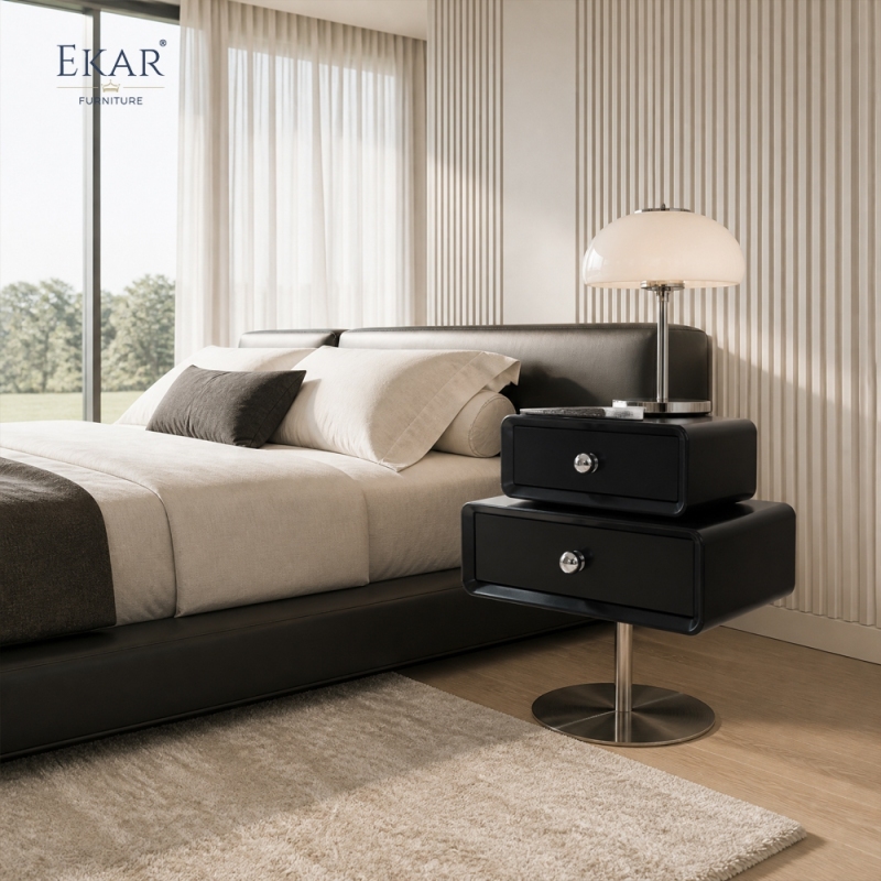 Pivot Pedestal Nightstand | Modern Black Floating-Style Bedside Table on Stainless Steel Disc Base - EKAR