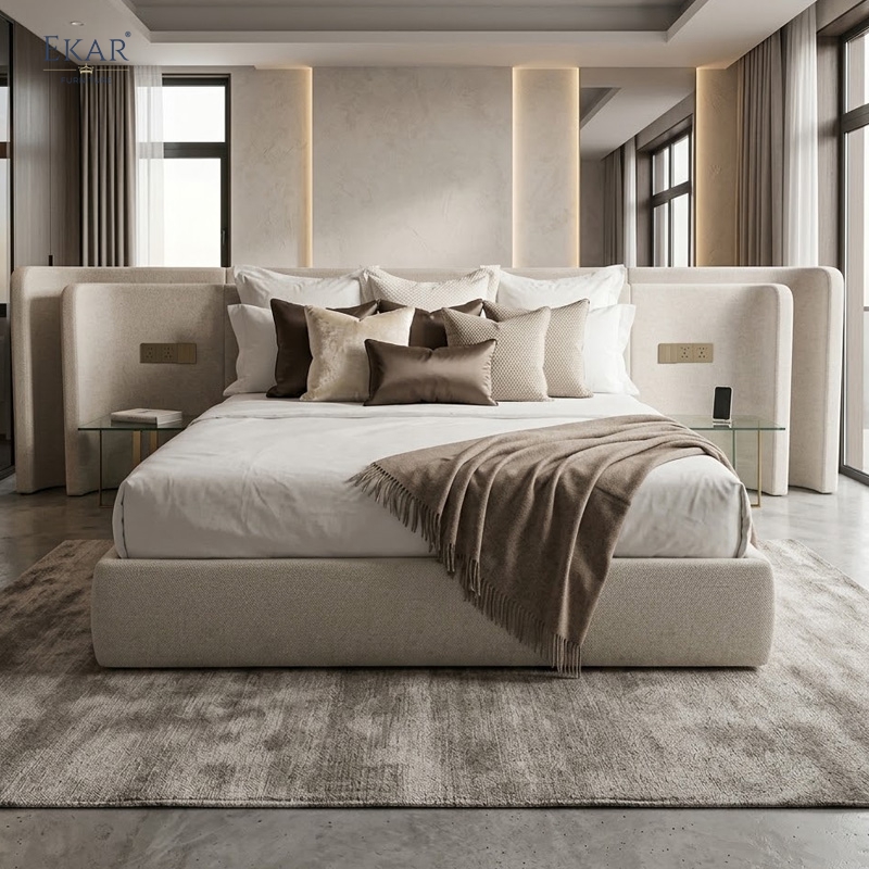 EKAR Modern Wide Upholstered Bed with Double-Layer Headboard and Integrated Control Panel