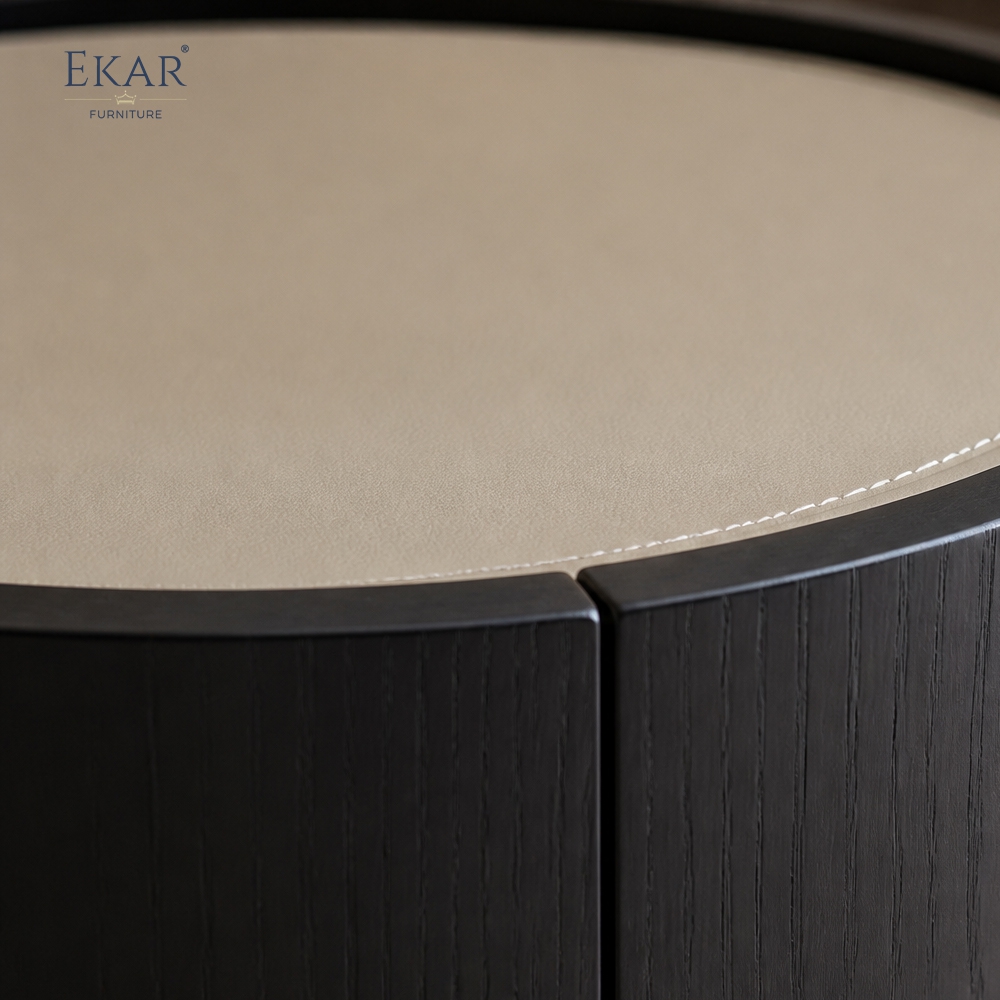 Borgo Two-Tier Cylindrical Nightstand | Round Walnut Drum Bedside Table with Cream Inset Top - EKAR