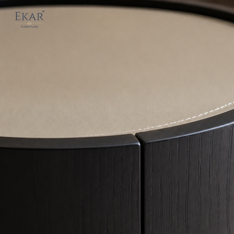 Borgo Two-Tier Cylindrical Nightstand | Round Walnut Drum Bedside Table with Cream Inset Top - EKAR
