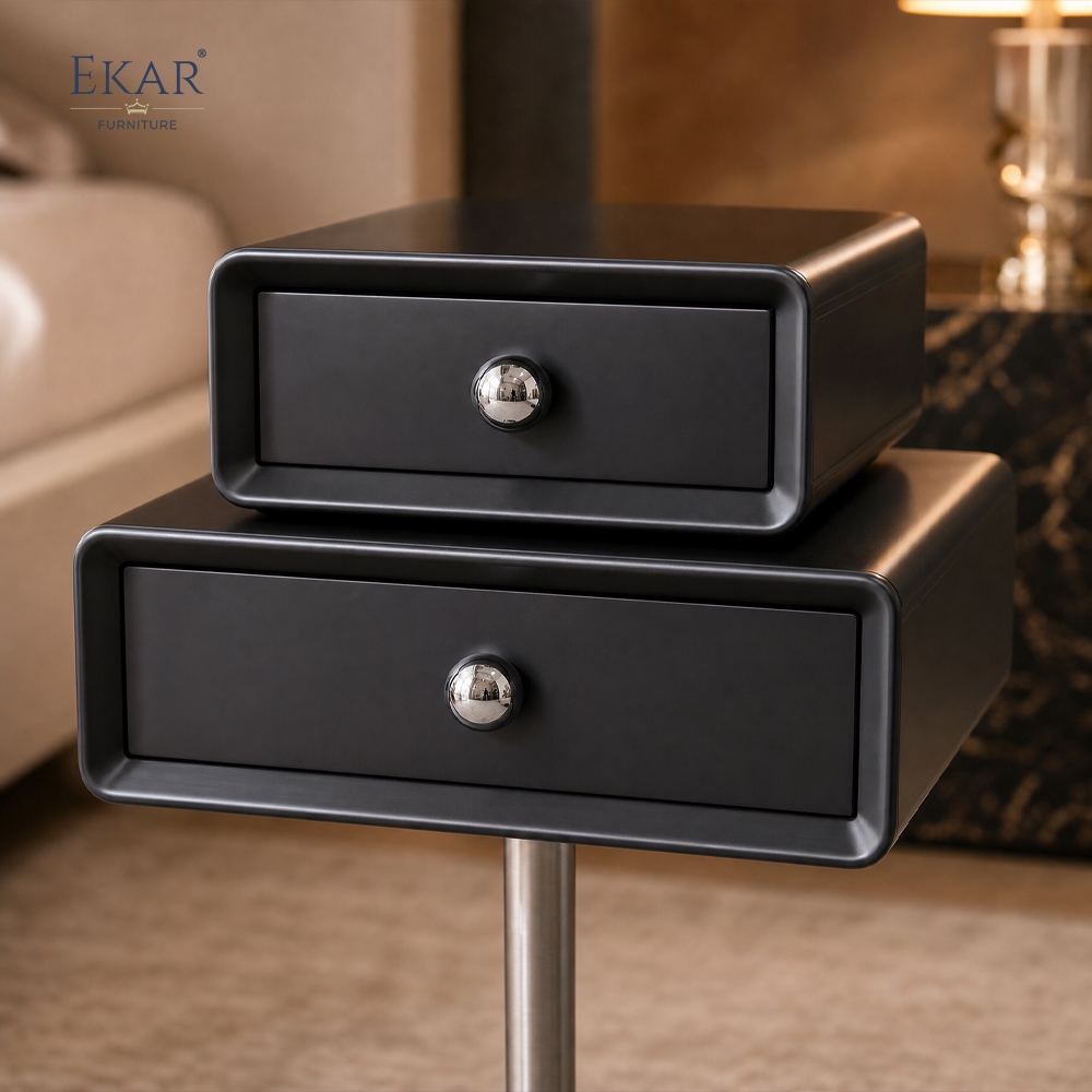 Pivot Pedestal Nightstand | Modern Black Floating-Style Bedside Table on Stainless Steel Disc Base - EKAR