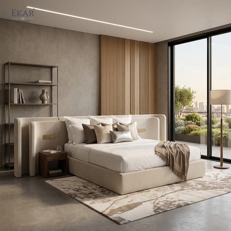 EKAR Modern Wide Upholstered Bed with Double-Layer Headboard and Integrated Control Panel