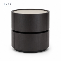 Borgo Two-Tier Cylindrical Nightstand | Round Walnut Drum Bedside Table with Cream Inset Top - EKAR