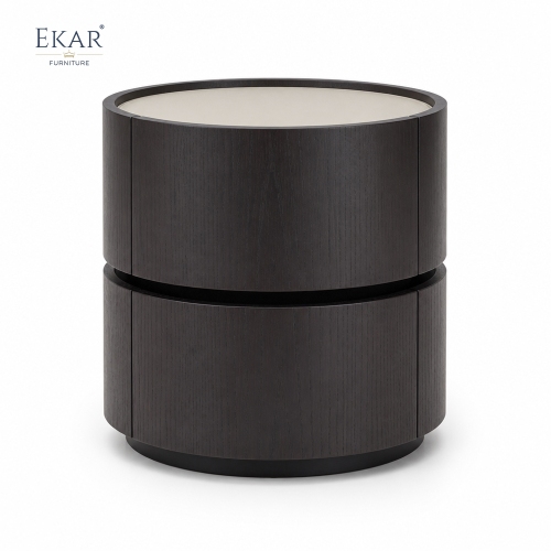 Borgo Two-Tier Cylindrical Nightstand | Round Walnut Drum Bedside Table with Cream Inset Top - EKAR