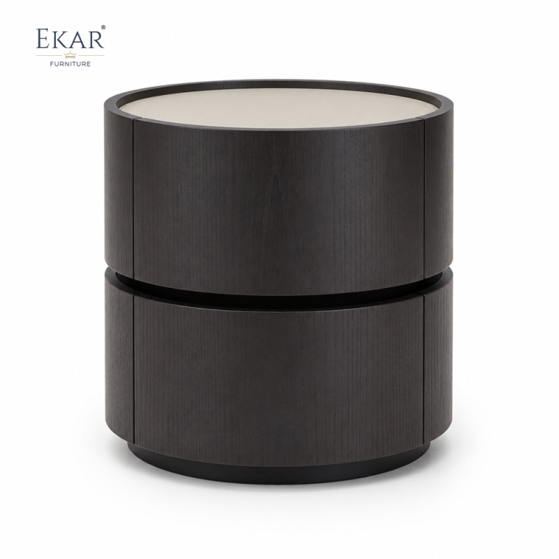 Borgo Two-Tier Cylindrical Nightstand | Round Walnut Drum Bedside Table with Cream Inset Top - EKAR