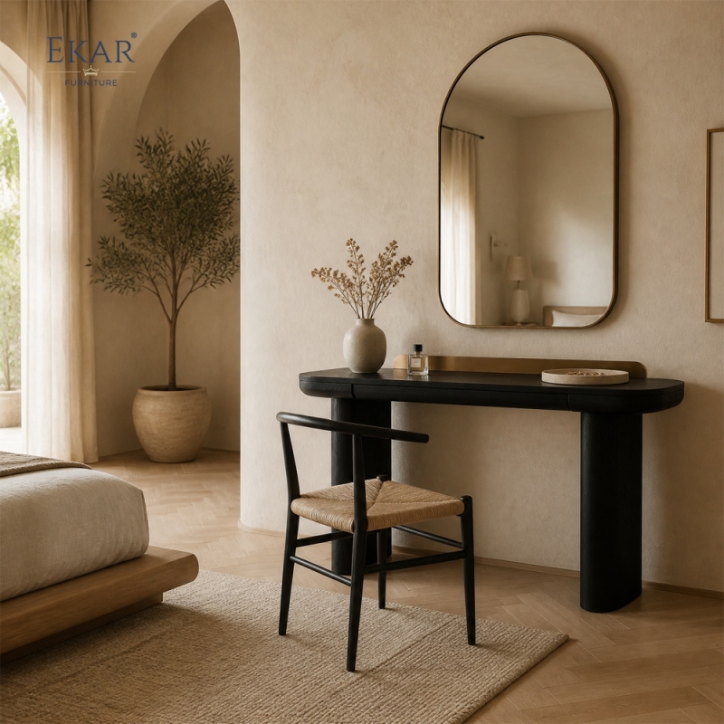 Vespera Black Walnut Vanity Table | Modern D-Shape Dressing Table with Integrated Copper Mirror Panel - EKAR