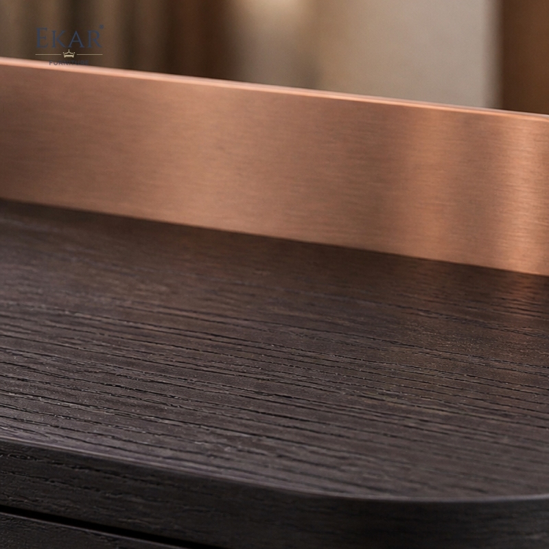 Vespera Black Walnut Vanity Table | Modern D-Shape Dressing Table with Integrated Copper Mirror Panel - EKAR