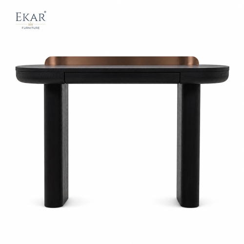 Vespera Black Walnut Vanity Table | Modern D-Shape Dressing Table with Integrated Copper Mirror Panel - EKAR