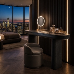 Vespera Black Walnut Vanity Table | Modern D-Shape Dressing Table with Integrated Copper Mirror Panel - EKAR