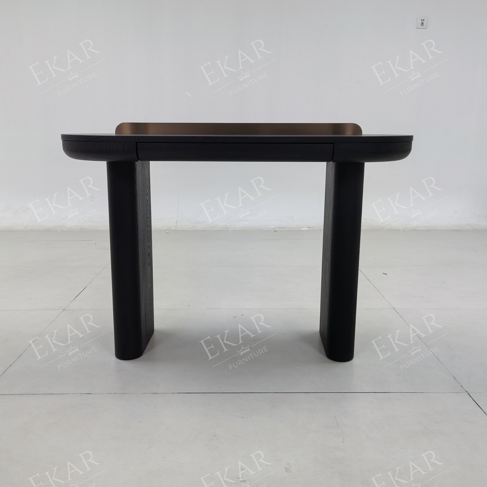 Vespera Black Walnut Vanity Table | Modern D-Shape Dressing Table with Integrated Copper Mirror Panel - EKAR