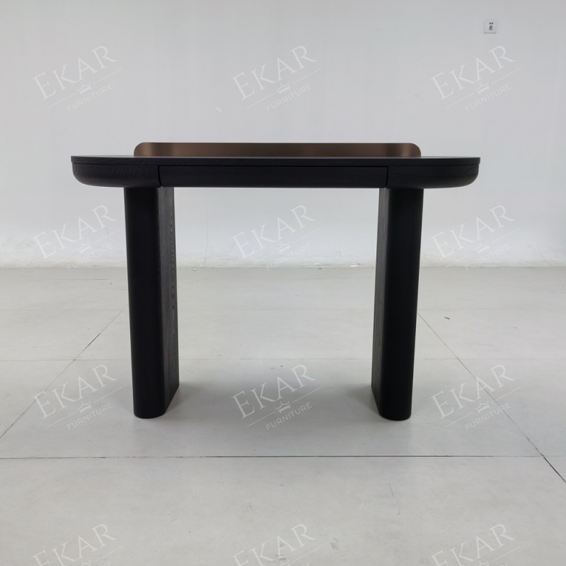 Vespera Black Walnut Vanity Table | Modern D-Shape Dressing Table with Integrated Copper Mirror Panel - EKAR