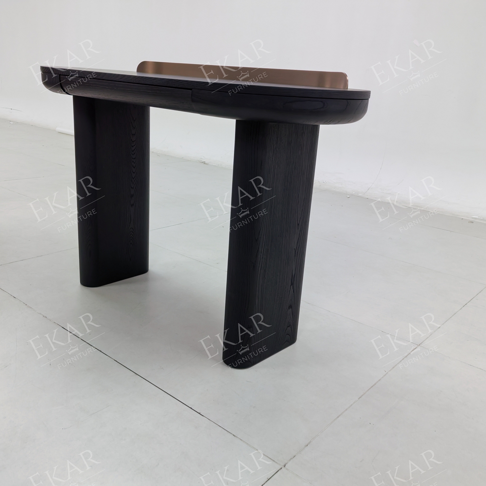 Vespera Black Walnut Vanity Table | Modern D-Shape Dressing Table with Integrated Copper Mirror Panel - EKAR