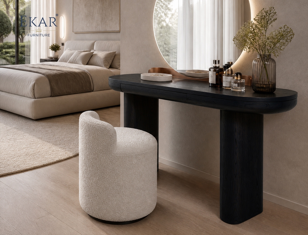 Vespera Black Walnut Vanity Table | Modern D-Shape Dressing Table with Integrated Copper Mirror Panel - EKAR