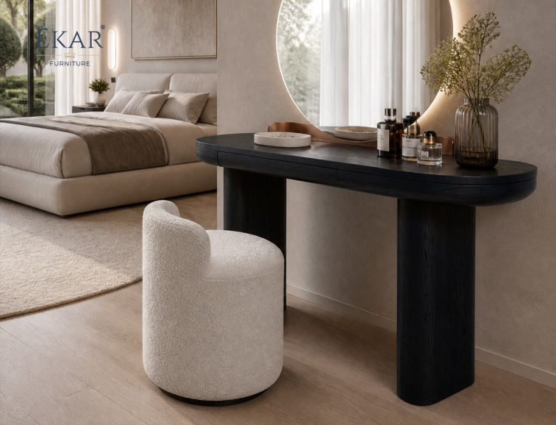 Vespera Black Walnut Vanity Table | Modern D-Shape Dressing Table with Integrated Copper Mirror Panel - EKAR