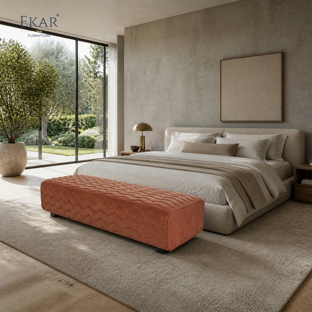 Ridge Ember Velvet Bed Bench | Chevron Channel-Stitched Upholstered Bedroom Bench with Black Steel Legs - EKAR