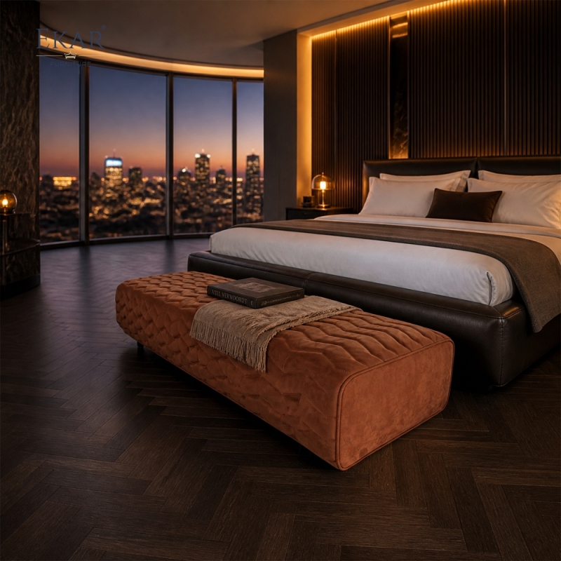 Ridge Ember Velvet Bed Bench | Chevron Channel-Stitched Upholstered Bedroom Bench with Black Steel Legs - EKAR