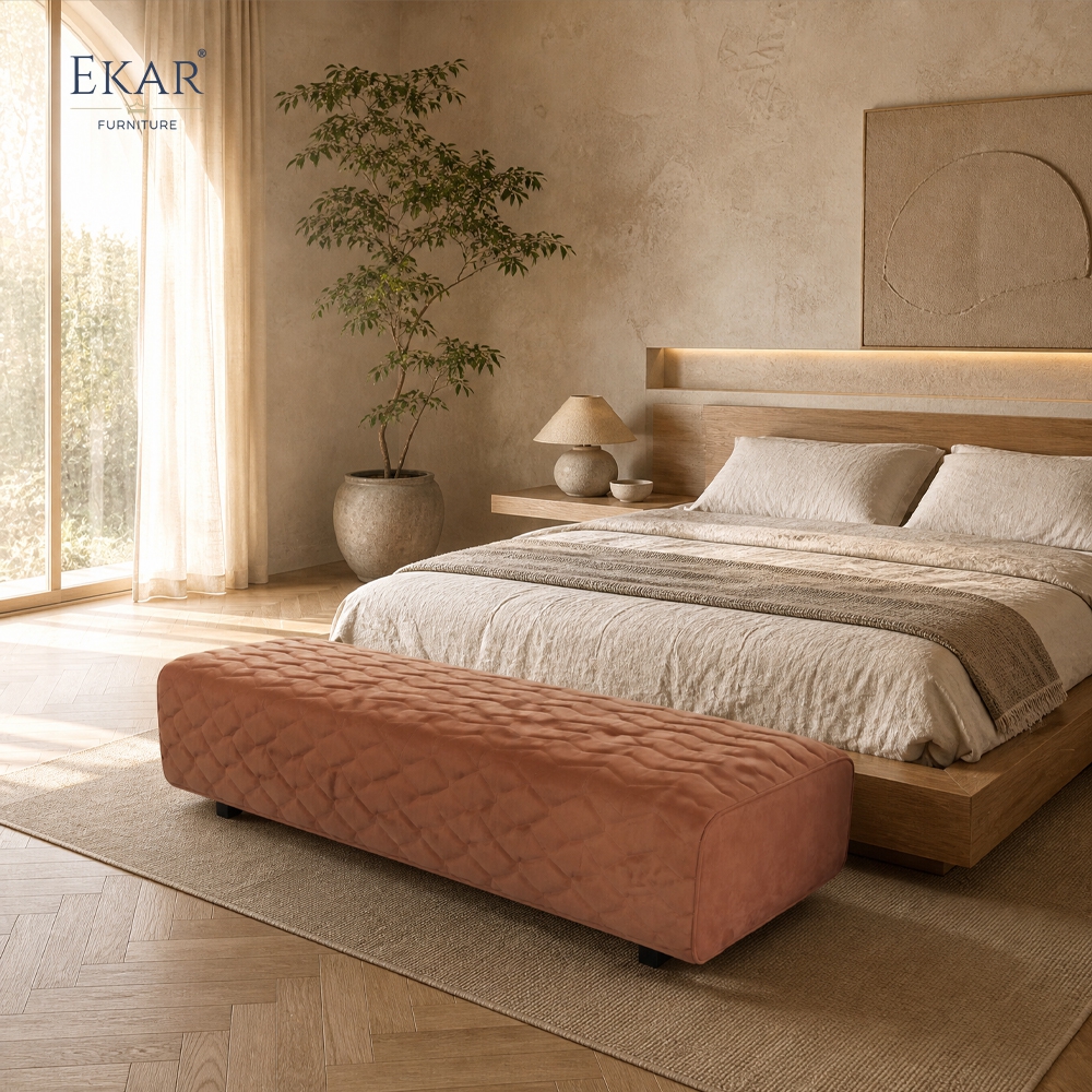 Ridge Ember Velvet Bed Bench | Chevron Channel-Stitched Upholstered Bedroom Bench with Black Steel Legs - EKAR