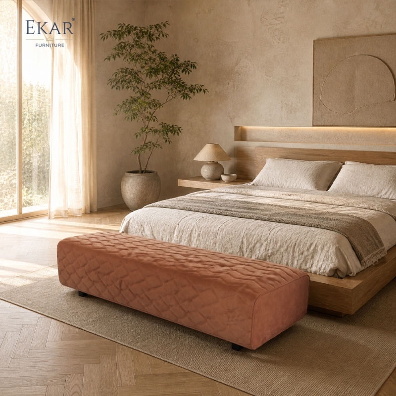 Ridge Ember Velvet Bed Bench | Chevron Channel-Stitched Upholstered Bedroom Bench with Black Steel Legs - EKAR