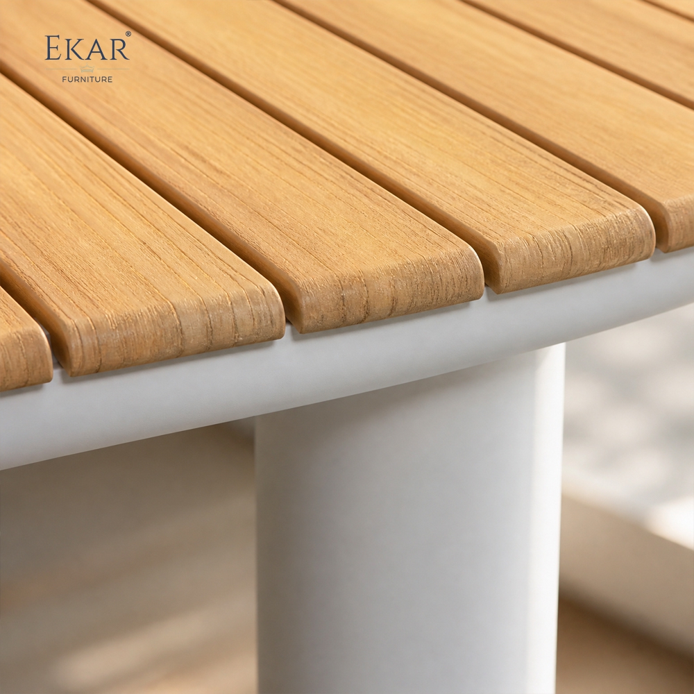 Tessera Oval Teak Slat Outdoor Dining Table | Modern Patio Table with White Powder-Coated Aluminium Frame