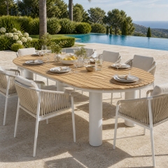 Tessera Oval Teak Slat Outdoor Dining Table | Modern Patio Table with White Powder-Coated Aluminium Frame