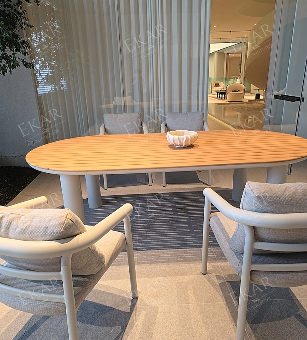 Tessera Oval Teak Slat Outdoor Dining Table | Modern Patio Table with White Powder-Coated Aluminium Frame