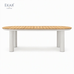 Tessera Oval Teak Slat Outdoor Dining Table | Modern Patio Table with White Powder-Coated Aluminium Frame